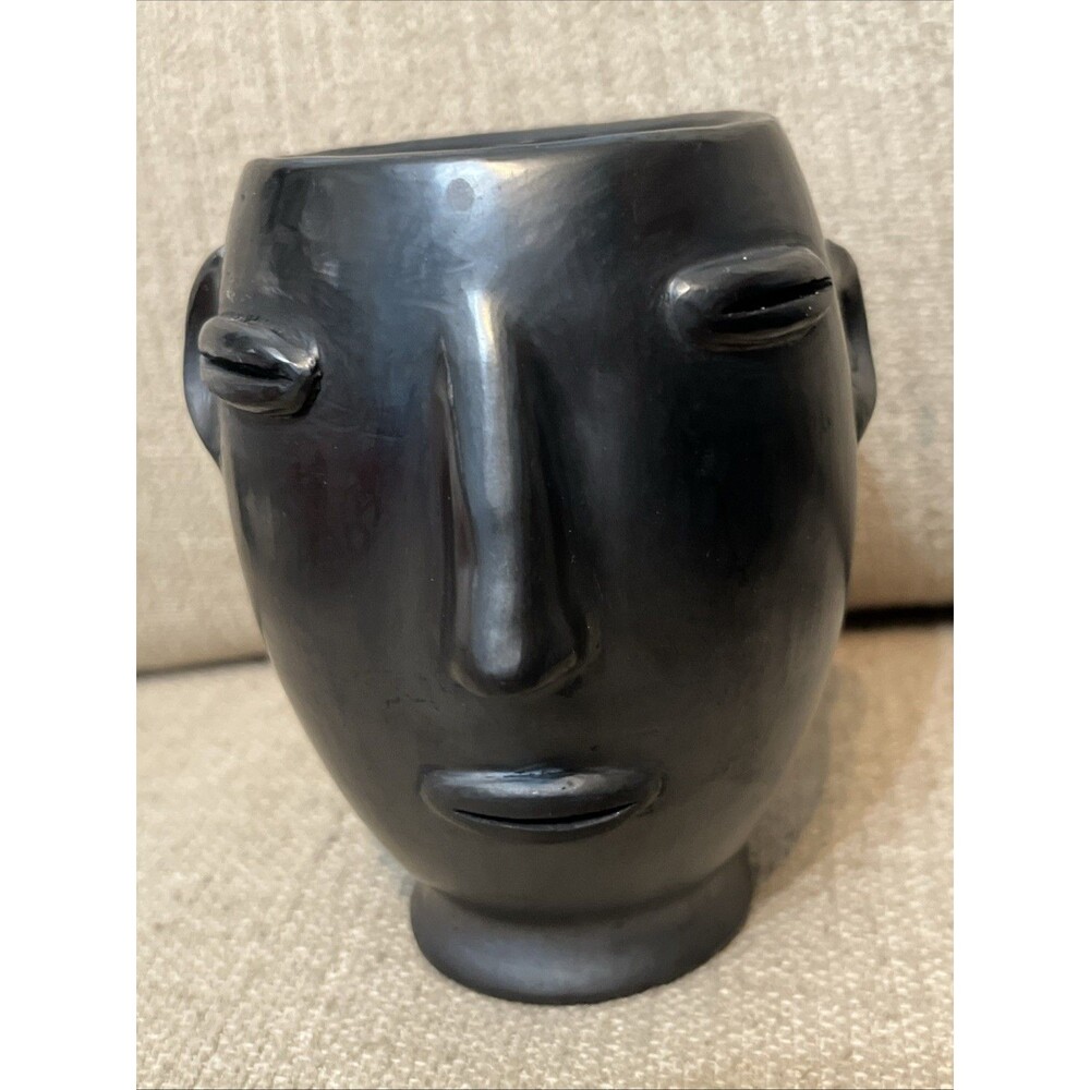 Oaxaca Black Pottery Face Mug Handmade Mexico Folk Art 4" Modern